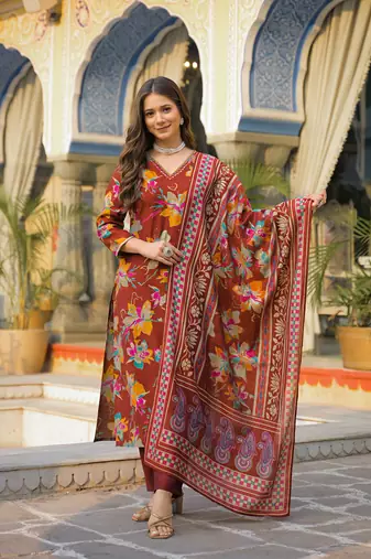 Women brown viscose rayon floral printed straight kurta trousers with dupatta