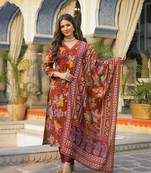 Women brown viscose rayon floral printed straight kurta trousers with dupatta