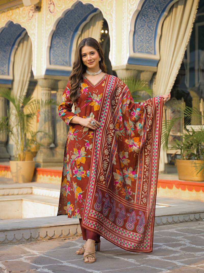 Women brown viscose rayon floral printed straight kurta trousers with dupatta