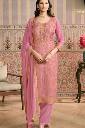Pink viscose lotus simmer semi stitched suit with jacquard work