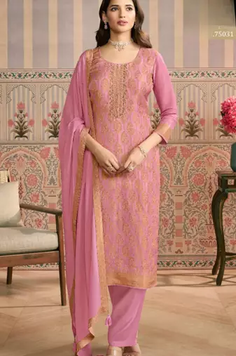 Pink viscose lotus simmer semi stitched suit with jacquard work