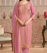 Pink viscose lotus simmer semi stitched suit with jacquard work
