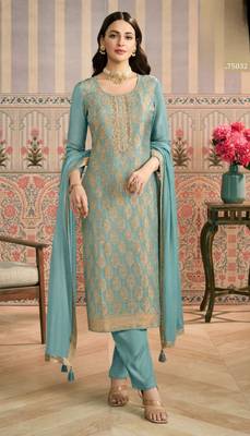 Sky blue viscose lotus simmer suit with jacquard  1