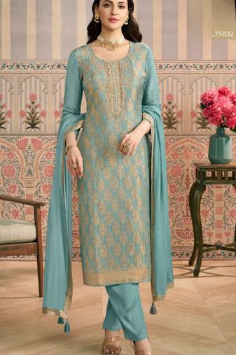 Sky blue viscose lotus simmer semi stitched suit with jacquard work