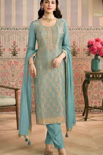 Sky blue viscose lotus simmer semi stitched suit with jacquard work