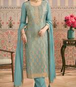 Sky blue viscose lotus simmer semi stitched suit with jacquard work