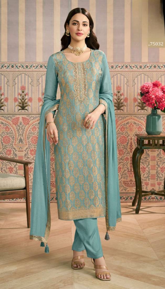Sky blue viscose lotus simmer semi stitched suit with jacquard work