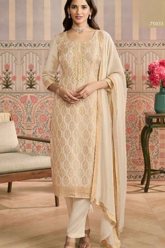 Beige viscose lotus simmer semi stitched suit with jacquard work