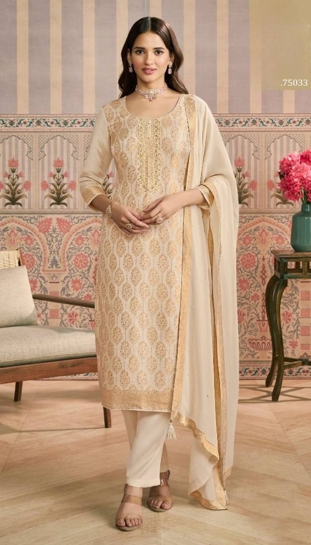 Beige viscose lotus simmer semi stitched suit with jacquard work
