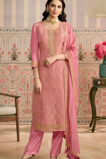 Peach viscose lotus simmer semi stitched suit with jacquard work