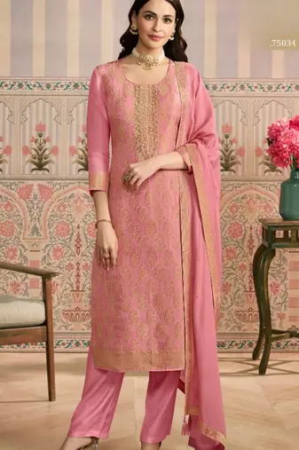 Peach viscose lotus simmer semi stitched suit with jacquard work