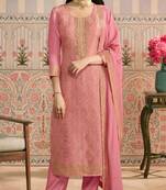 Peach viscose lotus simmer semi stitched suit with jacquard work