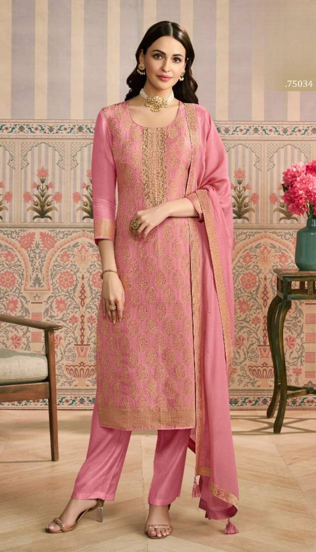 Peach viscose lotus simmer semi stitched suit with jacquard work
