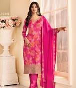 Magenta chinon semi stitched suit with multi digital printed work