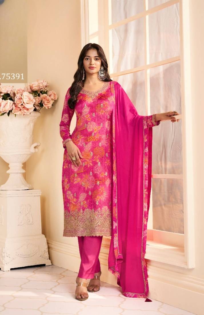 Magenta chinon semi stitched suit with multi digital printed work