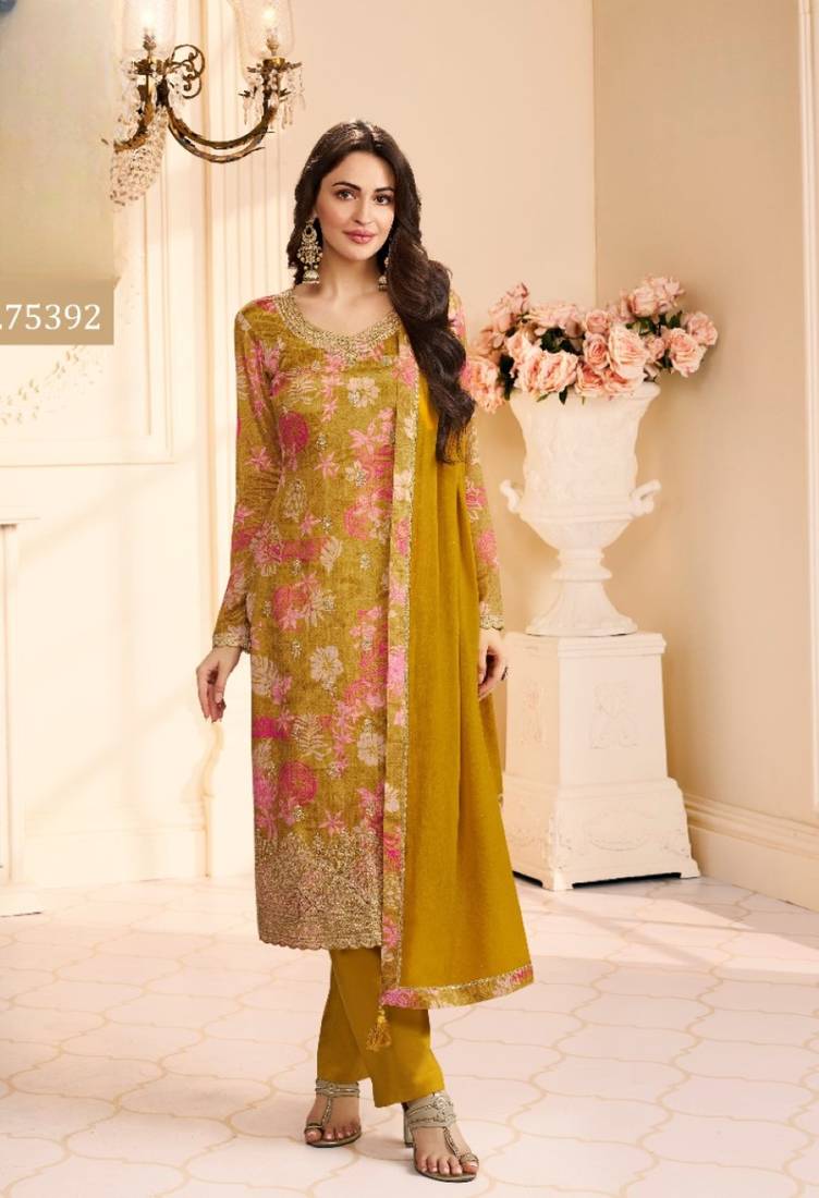 Mustard chinon semi stitched suit with multi digital printed work