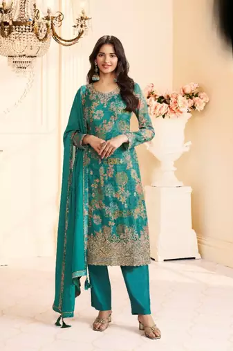 Teal green chinon semi stitched suit with multi digital printed work
