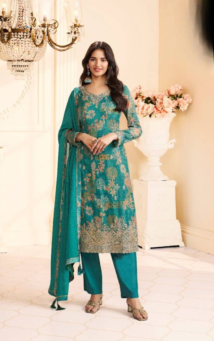 Teal green chinon semi stitched suit with multi digital printed work