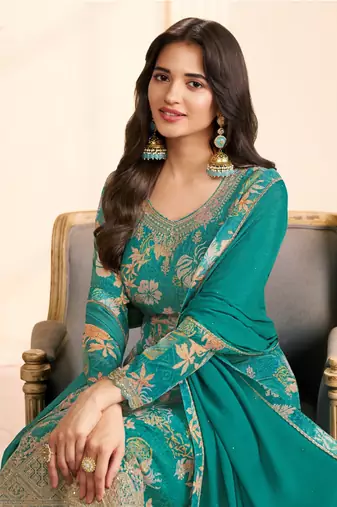 teal green chinon digital printed suit