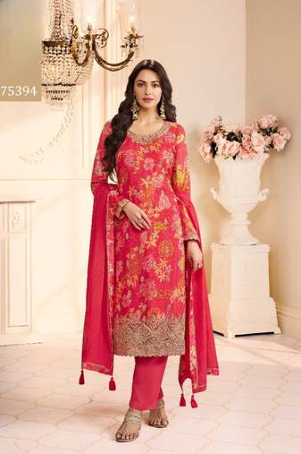 Red chinon semi stitched suit with multi digital printed work