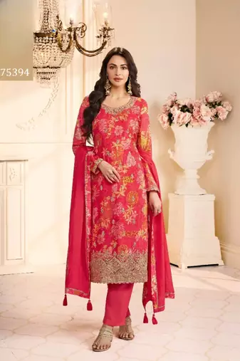 Red chinon semi stitched suit with multi digital printed work
