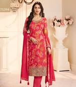 Red chinon semi stitched suit with multi digital printed work