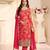 Red chinon semi stitched suit with multi digital printed work