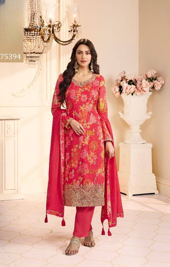 Red chinon semi stitched suit with multi digital printed work