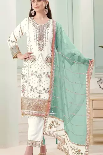 White fox georgette semi stitched suit with embroidery sequence work