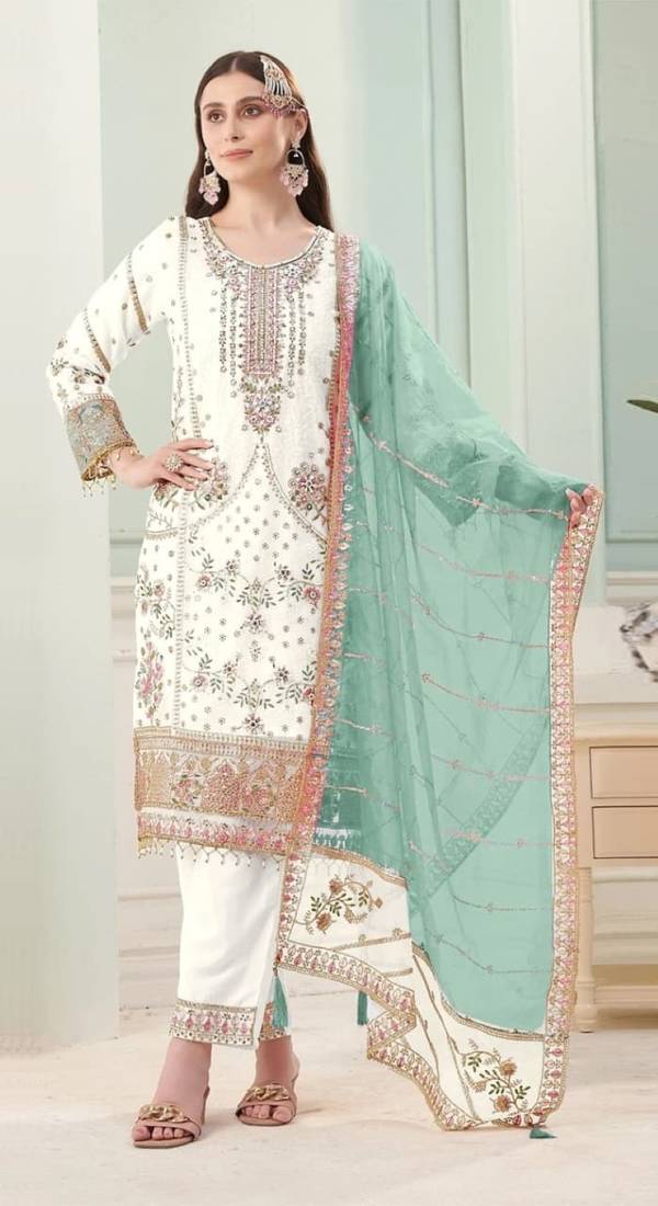 White fox georgette semi stitched suit with embroidery sequence work