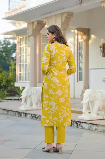 Women yellow viscose rayon floral printed straight kurta trousers with dupatta
