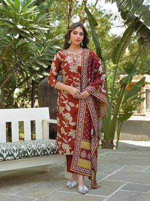 Women brown viscose rayon embroidered straight kurta trousers with dupatta 1