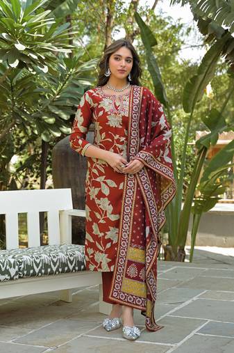 Women brown viscose rayon embroidered straight kurta trousers with dupatta