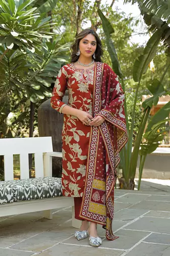 Women brown viscose rayon embroidered straight kurta trousers with dupatta