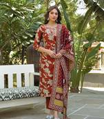 Women brown viscose rayon embroidered straight kurta trousers with dupatta