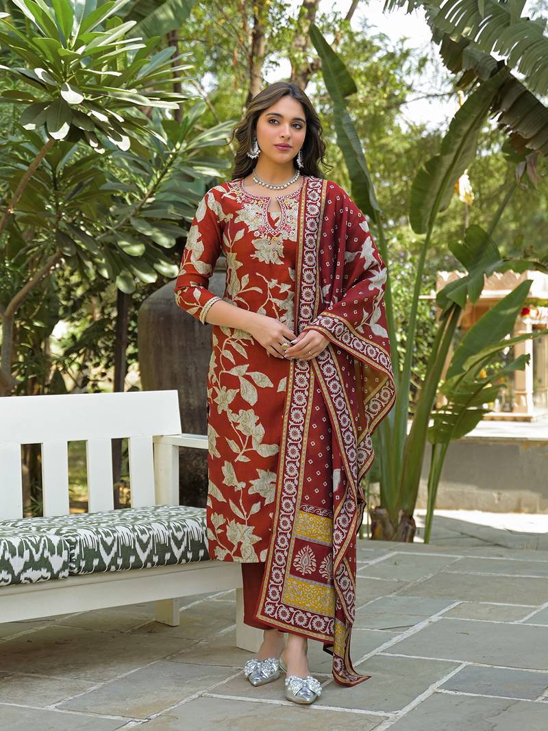 Women brown viscose rayon embroidered straight kurta trousers with dupatta