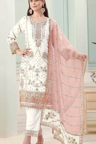 White fox georgette semi stitched suit with embroidery sequence work