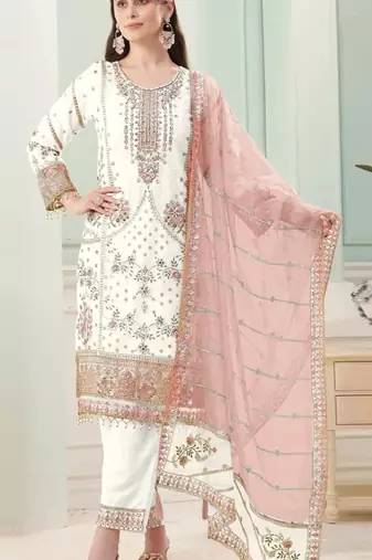White fox georgette semi stitched suit with embroidery sequence work