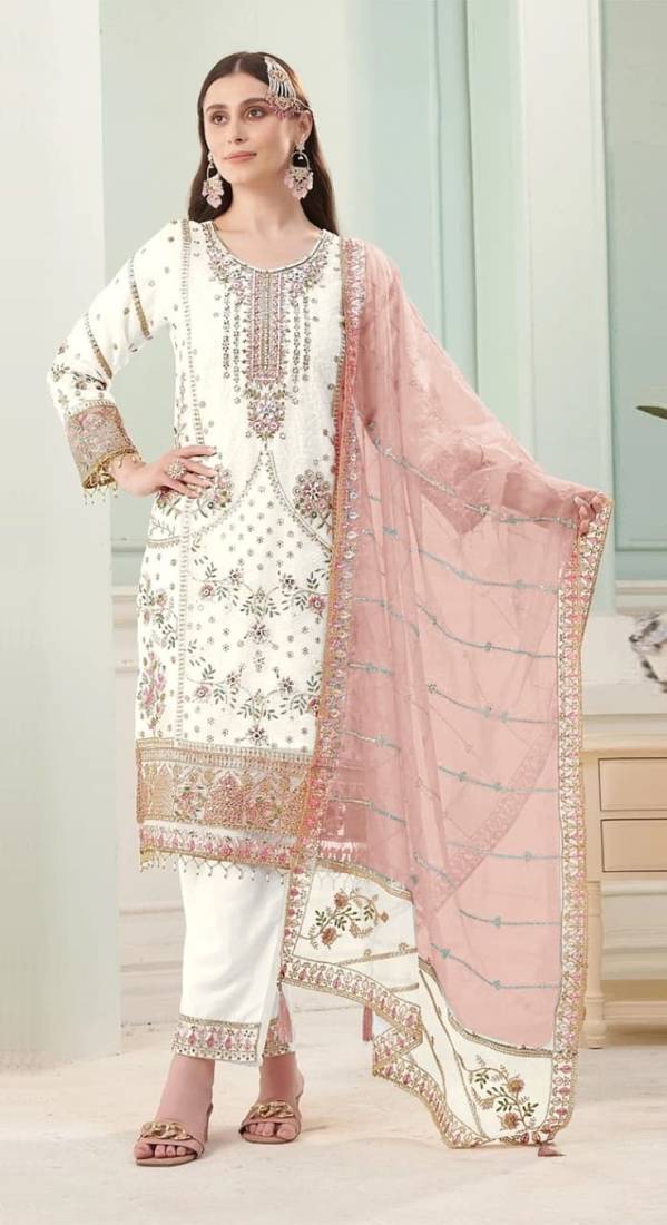 White fox georgette semi stitched suit with embroidery sequence work