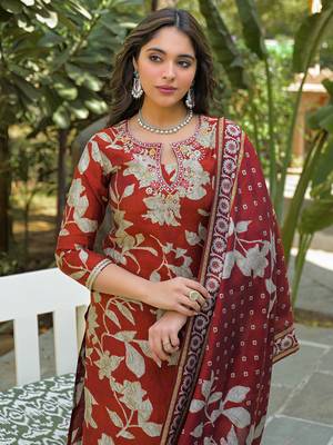 Women brown viscose rayon embroidered straight kurta trousers with dupatta 2