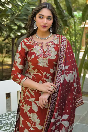 Women brown viscose rayon embroidered straight kurta trousers with dupatta