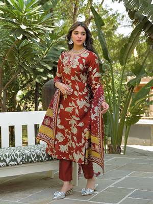 Women brown viscose rayon embroidered straight kurta trousers with dupatta 3