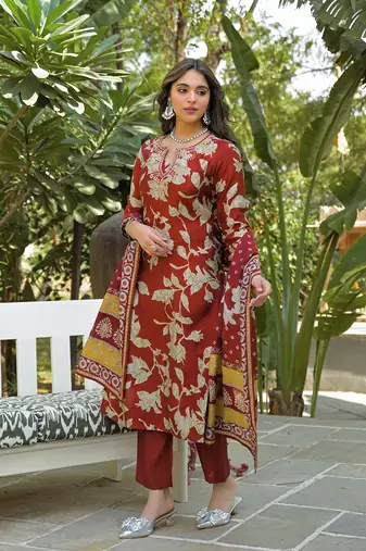 Women brown viscose rayon embroidered straight kurta trousers with dupatta