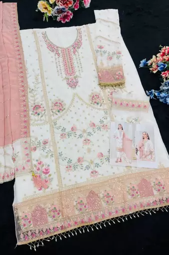 white faux georgette embroidered sequin suit