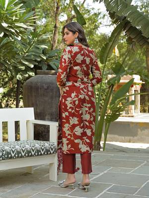 Women brown viscose rayon embroidered straight kurta trousers with dupatta 4