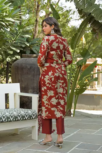 Women brown viscose rayon embroidered straight kurta trousers with dupatta