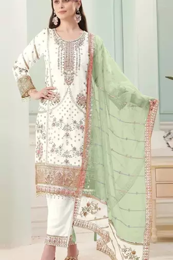 White fox georgette semi stitched suit with embroidery sequence work