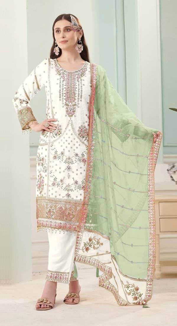 White fox georgette semi stitched suit with embroidery sequence work
