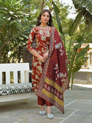 Women brown viscose rayon embroidered straight kurta trousers with dupatta 5