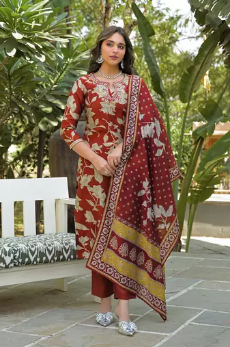 Women brown viscose rayon embroidered straight kurta trousers with dupatta